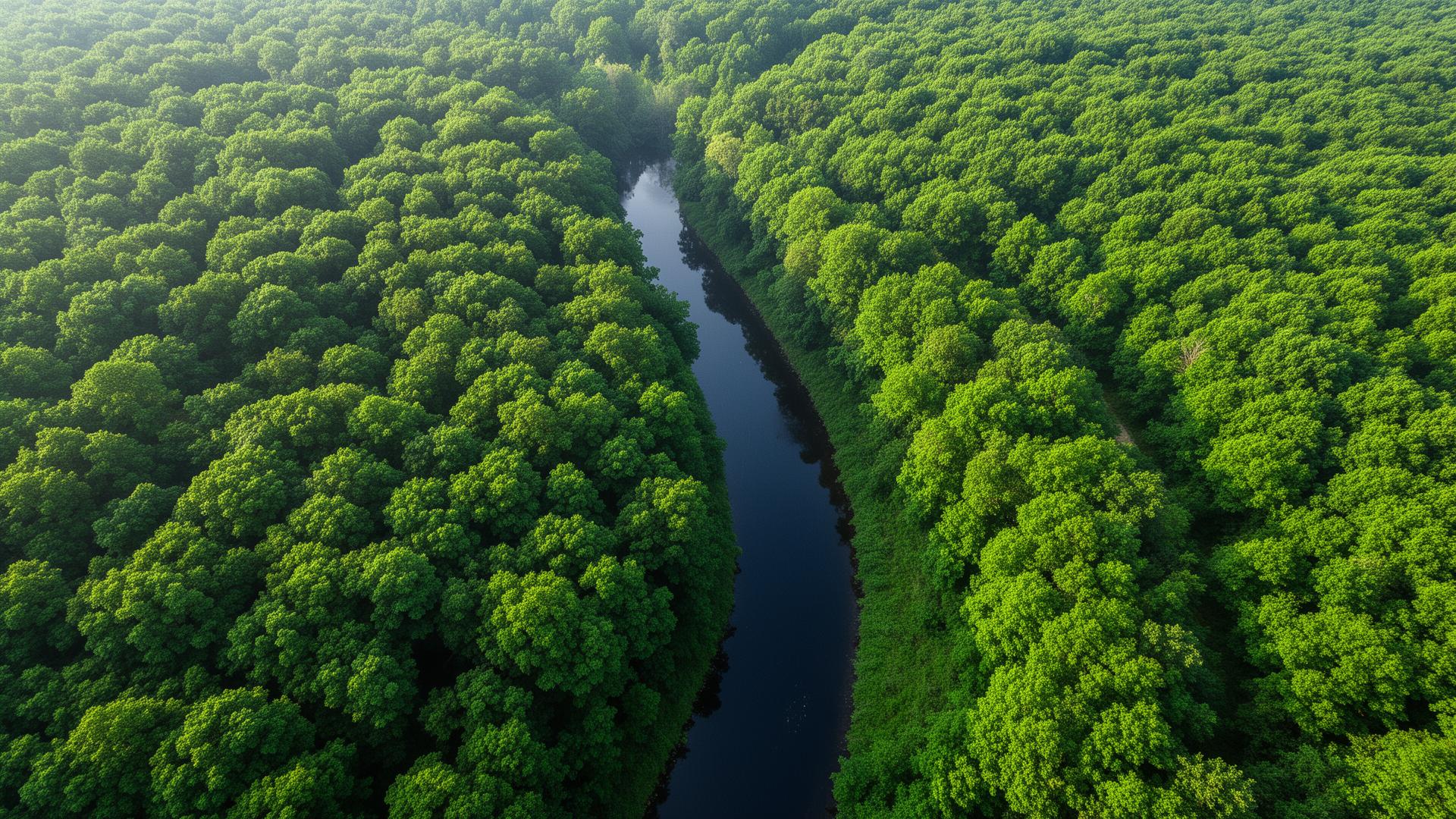 Aerial view of forest with river winding through